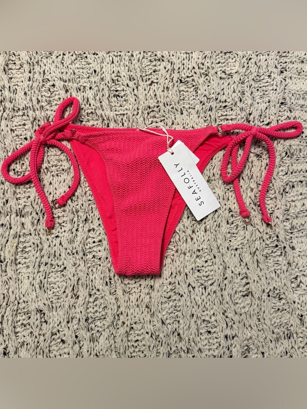 Seafolly Australia Bright Neon Pink Textured Bikini Side Tie Bottom Medium 6
